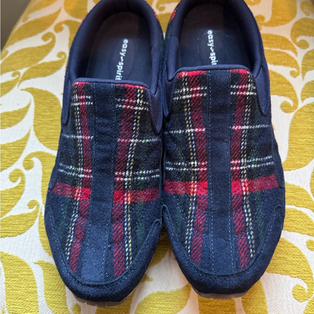 Easy Spirit Plaid Mules in Red and Navy blue
